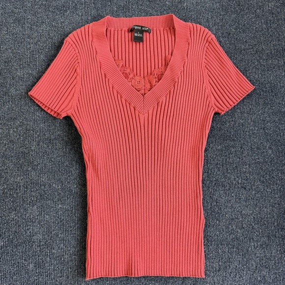 august silk Sweaters - August Silk Sweater Womens Large Pink V Neck Lace Trim Ribbed Knit Short Sleeve